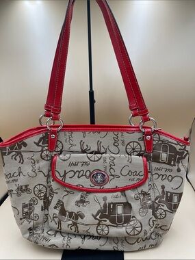Coach Canvas Shoulder Bag with Red Leather Trim